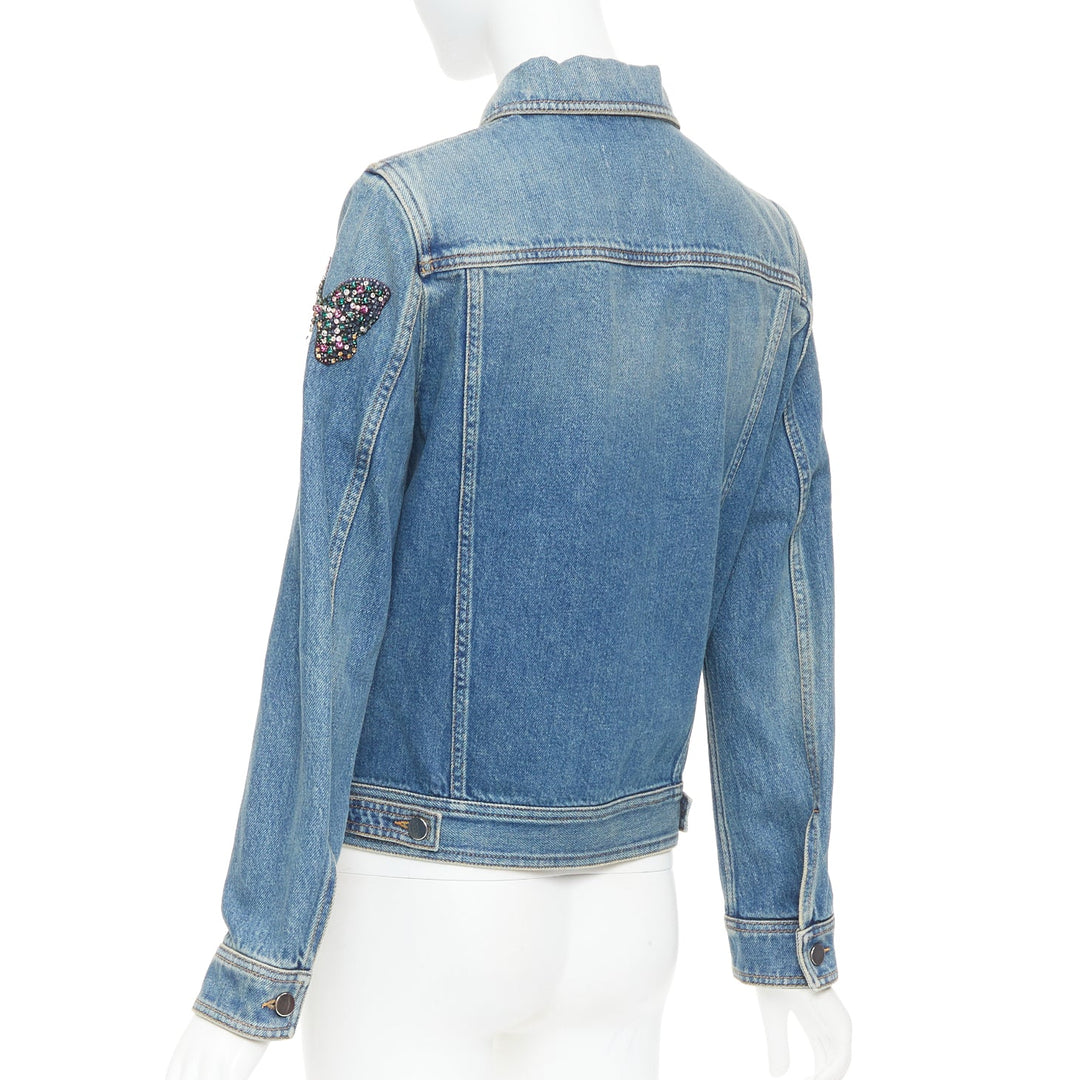 VALENTINO blue denim multicolor jewel butterfly embellish trucker jacket IT40 S