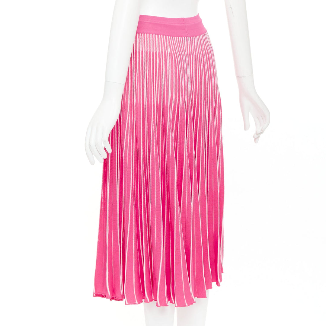 VALENTINO pink white viscose striped plisse toggle waist knit midi skirt S