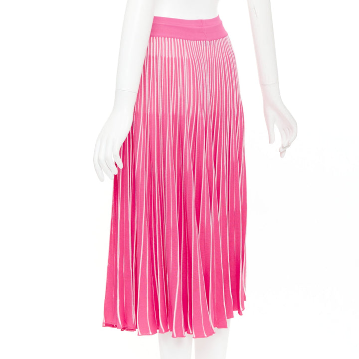 VALENTINO pink white viscose striped plisse toggle waist knit midi skirt S