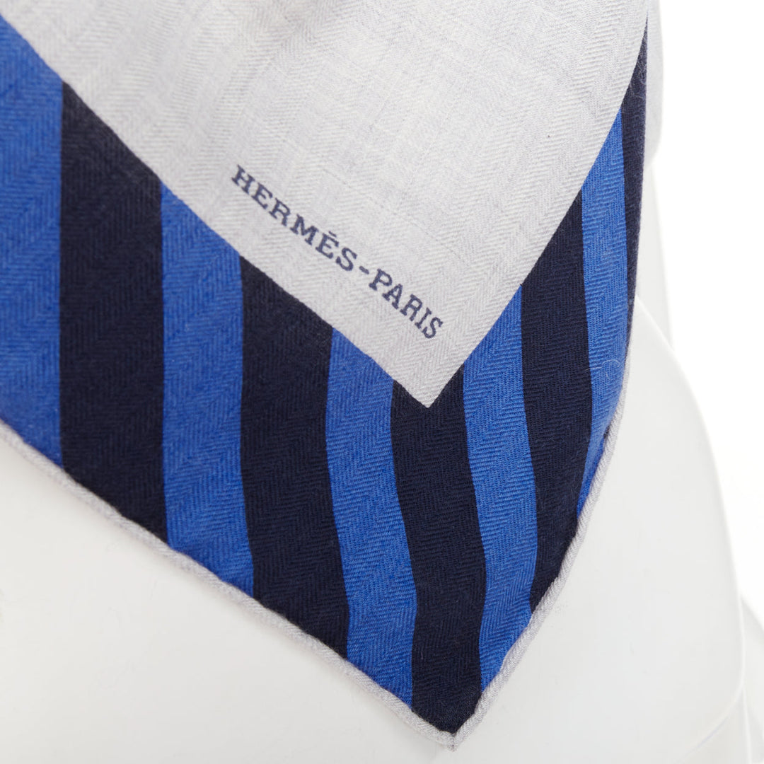 HERMES Encadre Liste au Fil 140cm heather grey marine navy blue stripe shawl