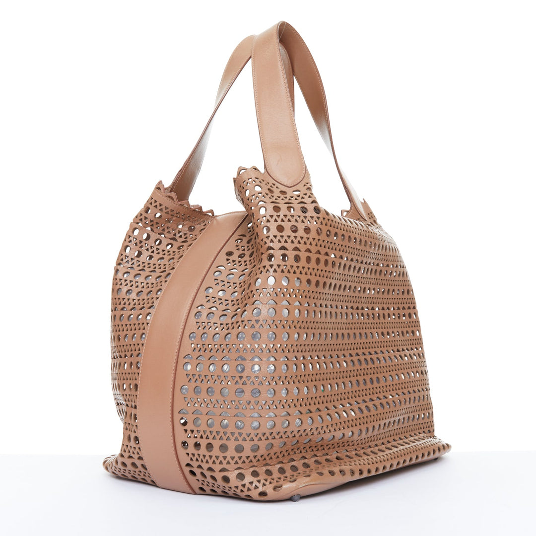 ALAIA Le Mina 32 Sable tan Vienne laser cut openwork calfskin leather tote bag