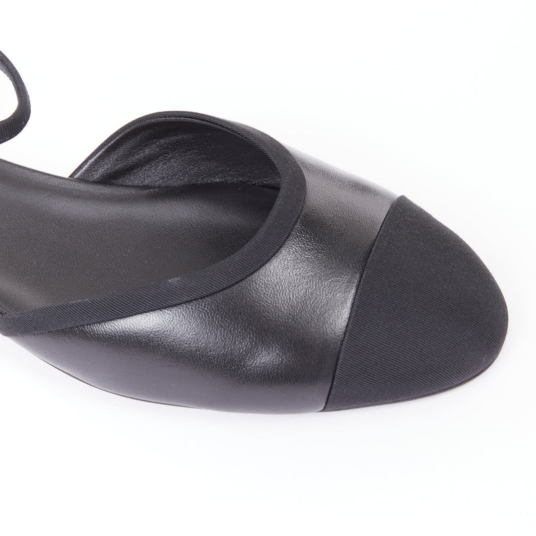 CHANEL 20C black leather grosgrain cap toe gold CC heel mary jane flats EU40