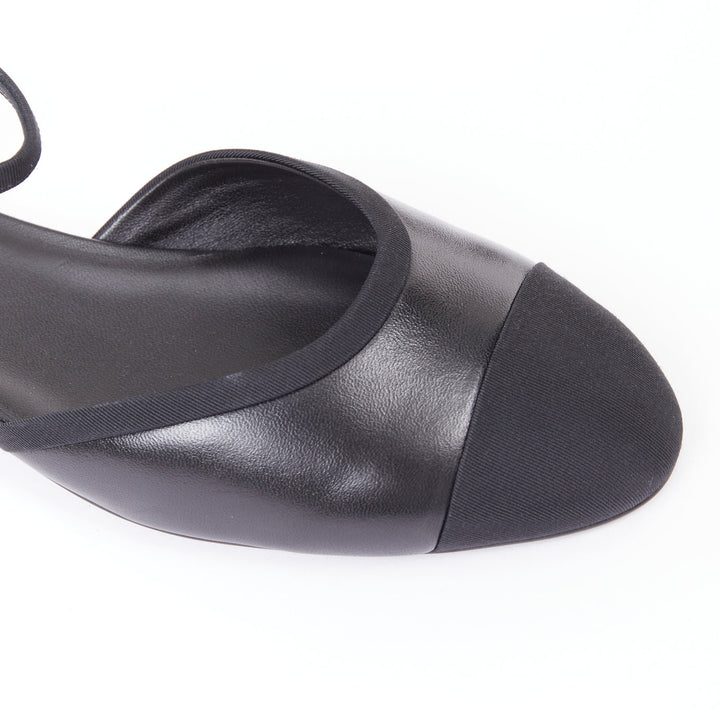 CHANEL 20C black leather grosgrain cap toe gold CC heel mary jane flats EU40