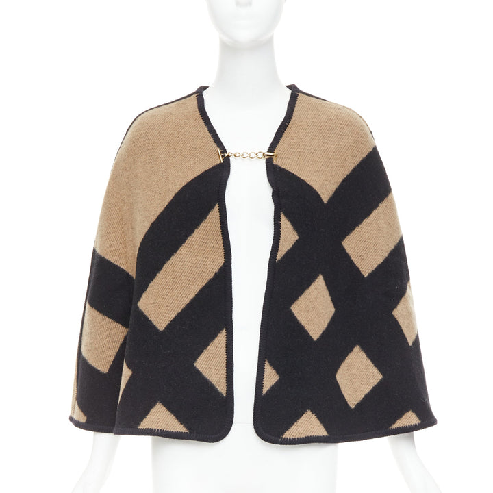 BURBERRY beige  House Check wool cashmere chained cape blanket poncho