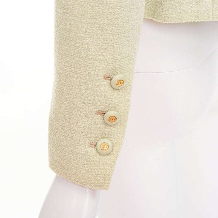 CHANEL 94P Vintage mint green boucle wool chain buttons cropped jacket FR42 XL