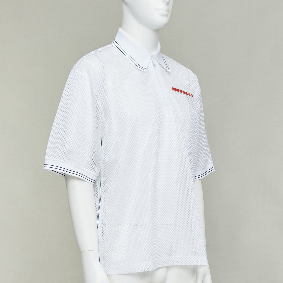 PRADA 2020 white sport mesh red logo half zip boxy polo shirt L