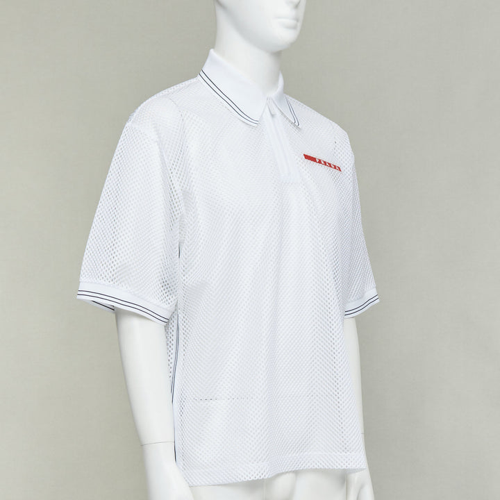 PRADA 2020 white sport mesh red logo half zip boxy polo shirt L