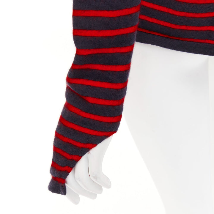 BARRIE 100% cashmere navy red fringe applique asymmetric striped sweater S