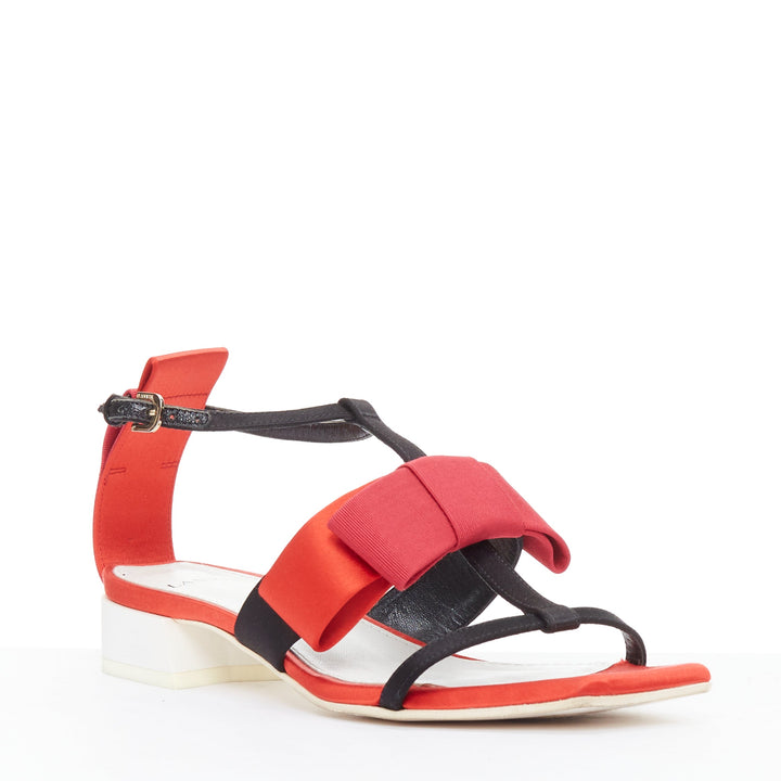 LANVIN 2018 Runway bow embellished red satin T-strap chunky sandals EU37