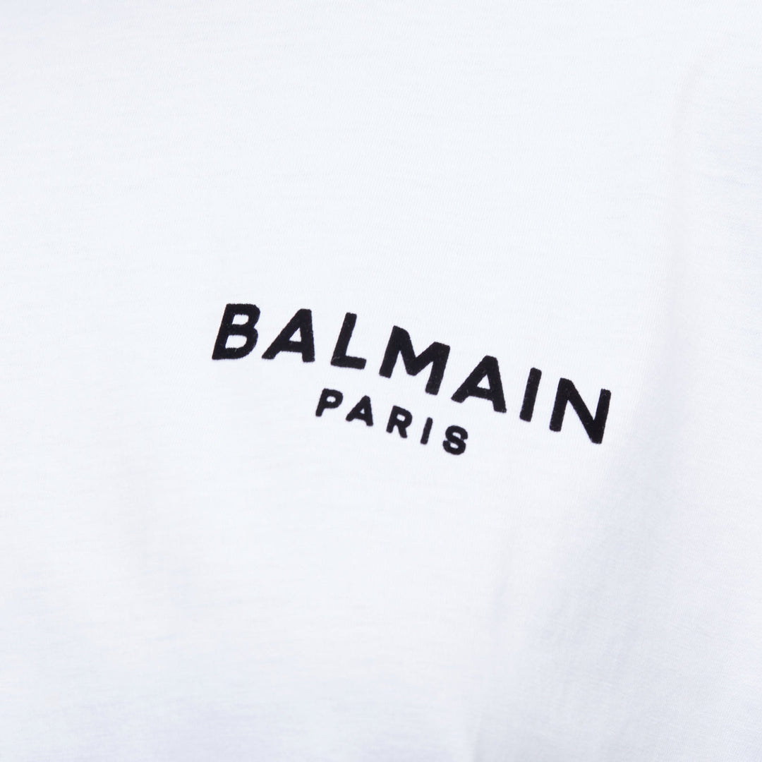BALMAIN white cotton black logo felt print cap roll sleeve tshirt XS