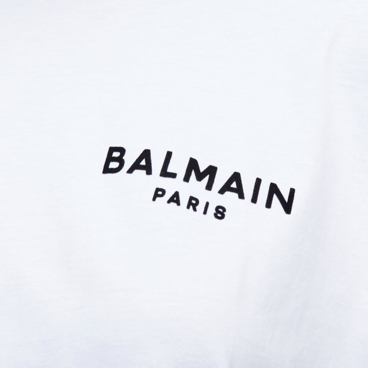 BALMAIN white cotton black logo felt print cap roll sleeve tshirt XS