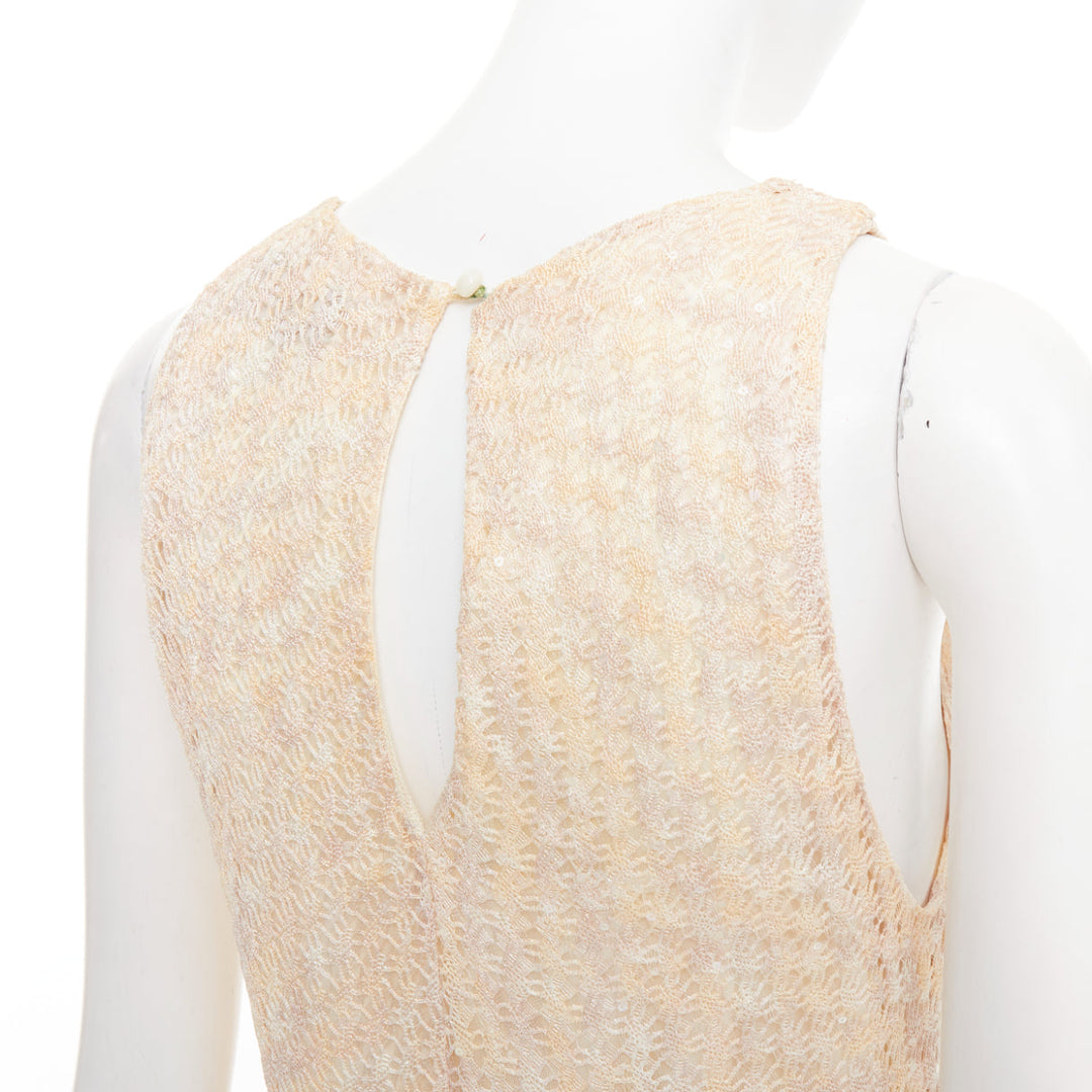 MISSONI cream sequin embellished loose knit pleated neck mini dress IT44 L