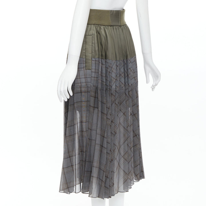 SACAI 2022 khaki nylon grey checkered contrast pleated midi skirt JP2 M