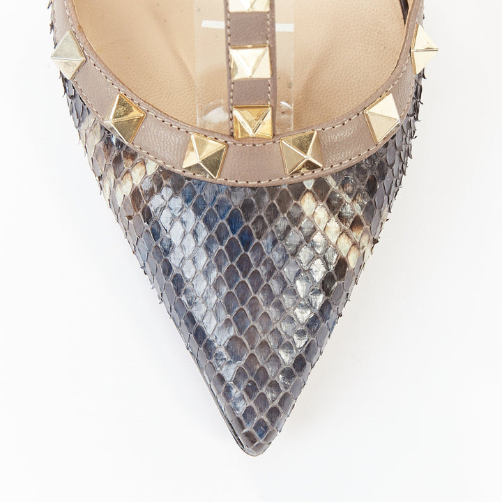 VALENTINO Rockstud python leather beige cage ankle strap stiletto pumps EU37
