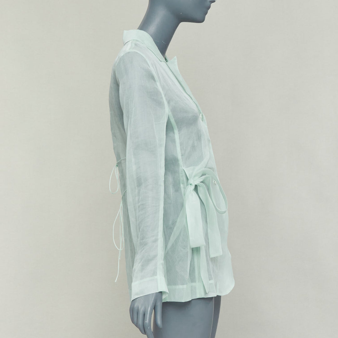 CECILIE BAHNSEN Fisola mint green cotton sheer bow tie waist blazer UK8 S