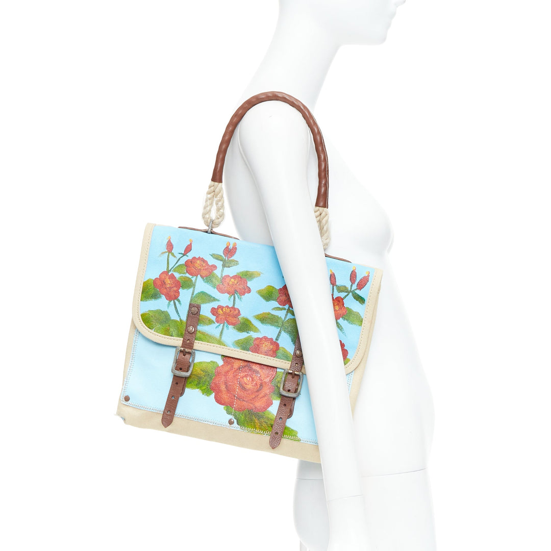 KATE SPADE WWII Hand Painted blue red rose print leather satchel tote bag