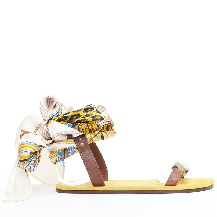 AVEC MODERATION yellow cream silky scarf tie acrylic flat sandals EU37