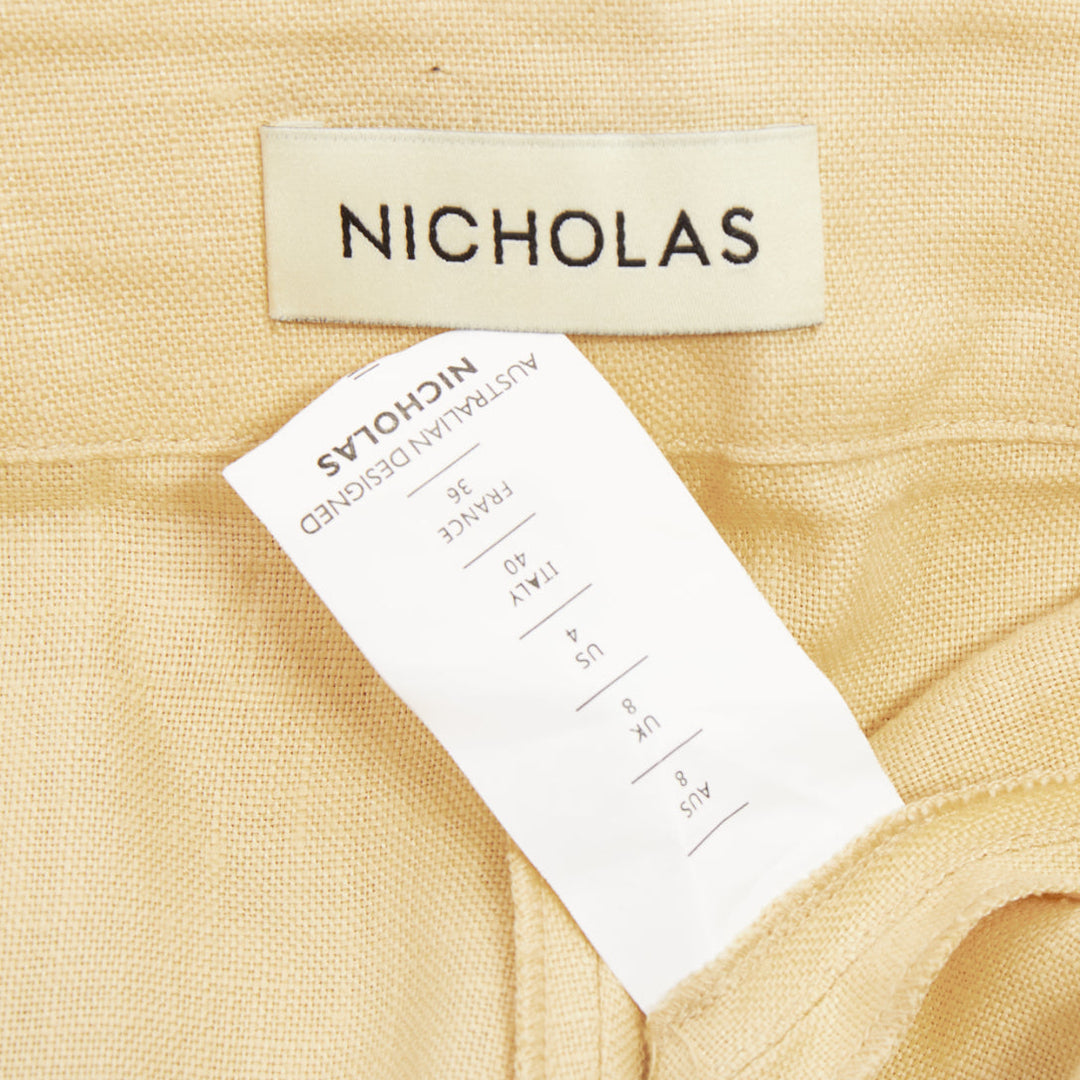 NICHOLAS beige linen belted pleated front wide leg cropped utility pants FR36 S