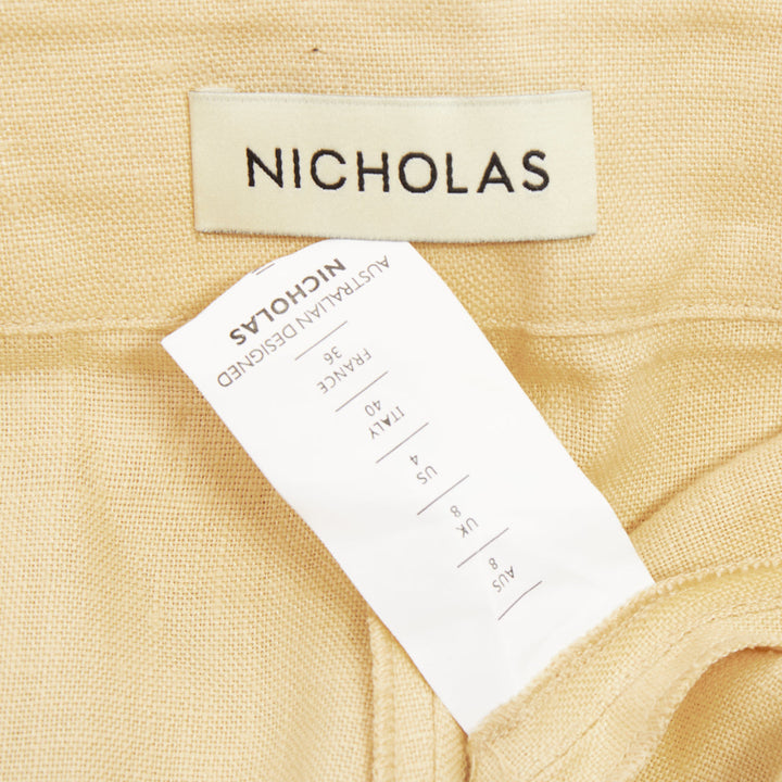 NICHOLAS beige linen belted pleated front wide leg cropped utility pants FR36 S