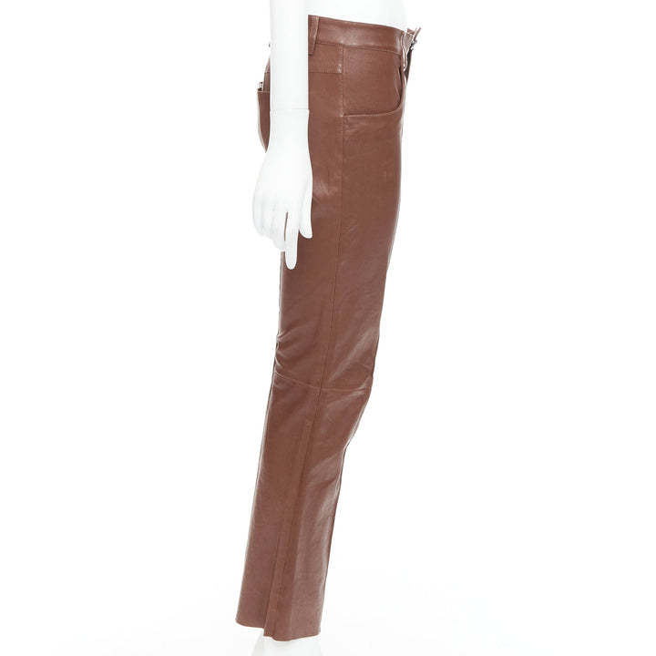 JITROIS brown genuine lambskin leather mid waist flare pants FR36 S