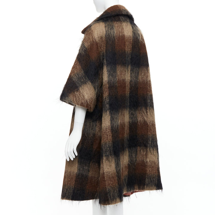 LILLI ANN Vintage brown checked mohair wide sleeve long overcoat