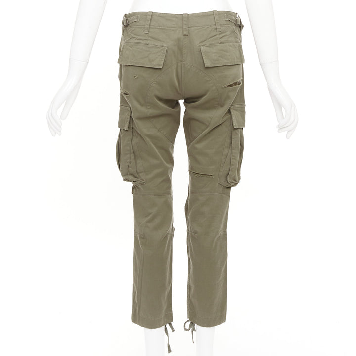 BALMAIN khaki cotton blend ripped chainmail details low waist cargo pants FR36 S