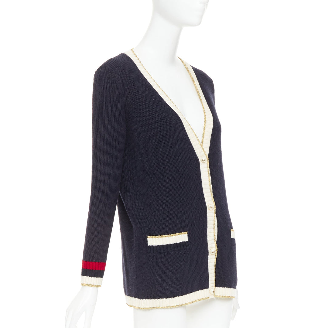GUCCI Alessandro Michele navy cotton blend web pearl button cardigan XS