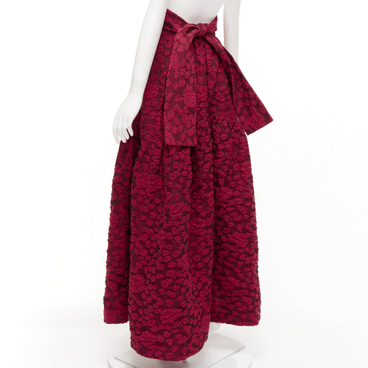 ANAIS JOURDEN red cotton blend floral 3D jacquard tie full gown skirt FR36 S
