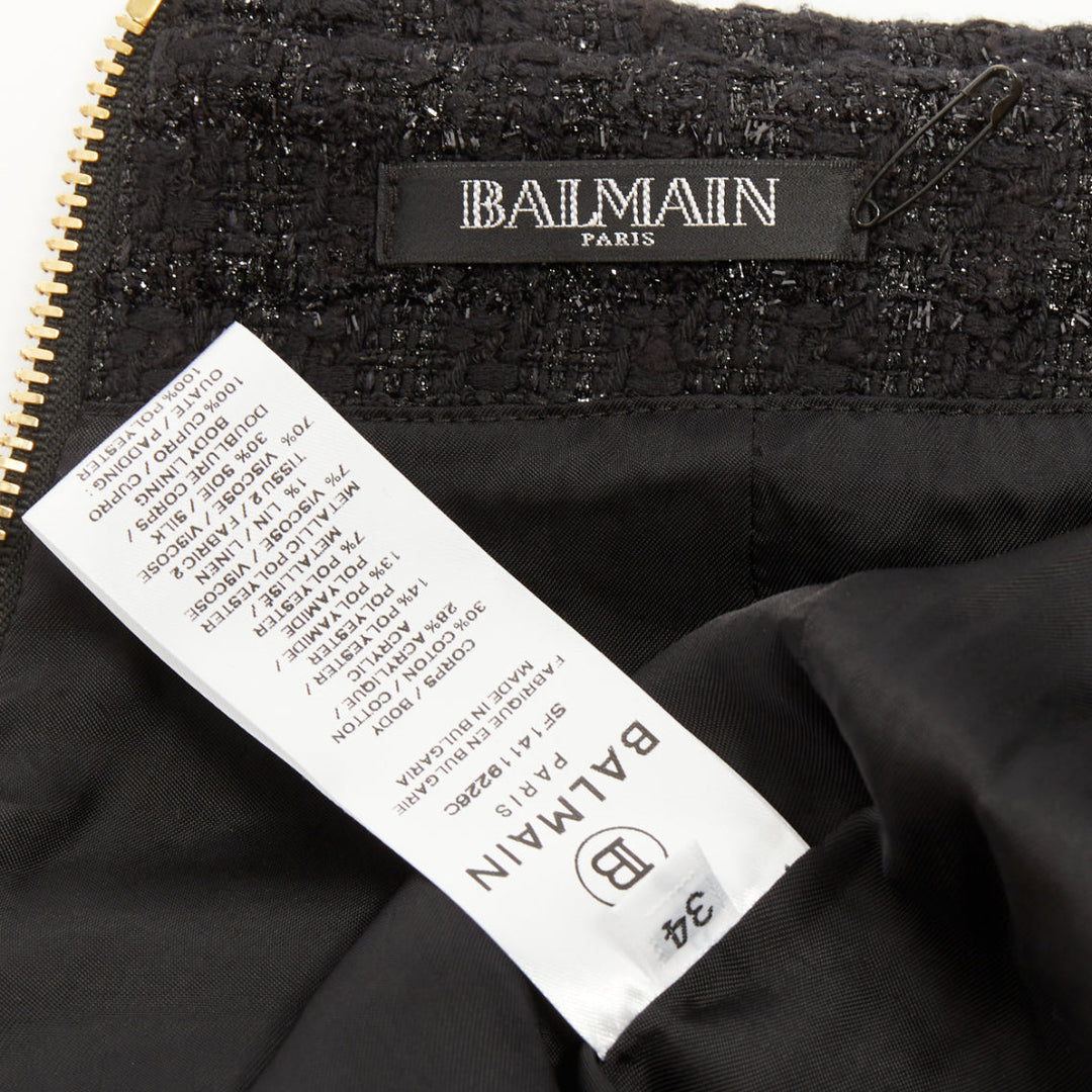 BALMAIN black cotton blend metallic tweed gold buttons foldover skirt FR34 XS