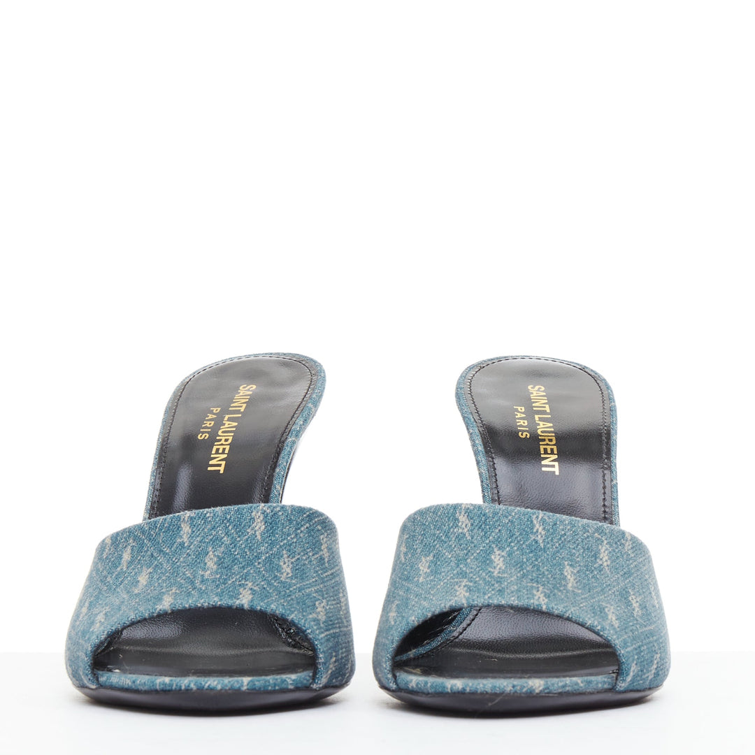SAINT LAURENT La 16 Mules Cassandre Denim blue YSL monogram sandal heels EU37.5