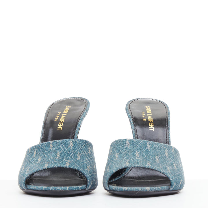 SAINT LAURENT La 16 Mules Cassandre Denim blue YSL monogram sandal heels EU37.5