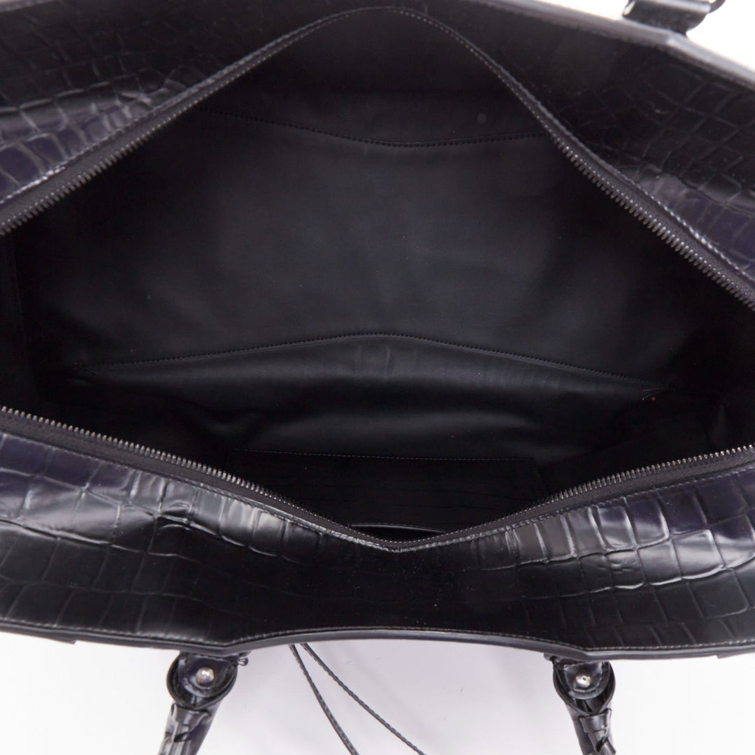 BALENCIAGA 2021 Neo Classic City black matte croc embossed leather satchel bag