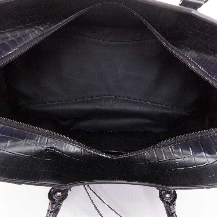 BALENCIAGA 2021 Neo Classic City black matte croc embossed leather satchel bag
