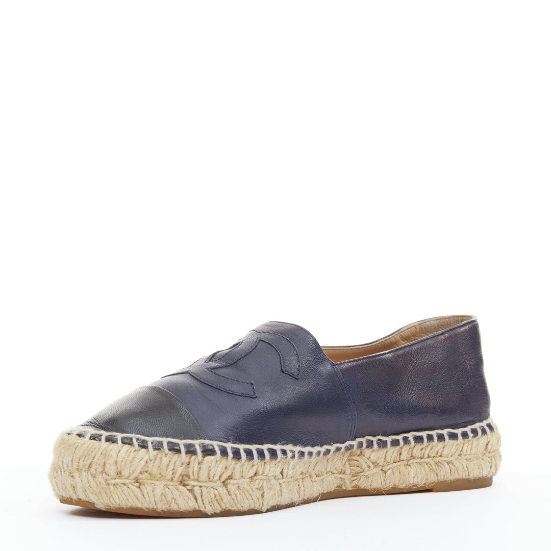 CHANEL navy lambskin leather CC logo applique jute espadrille shoes EU37