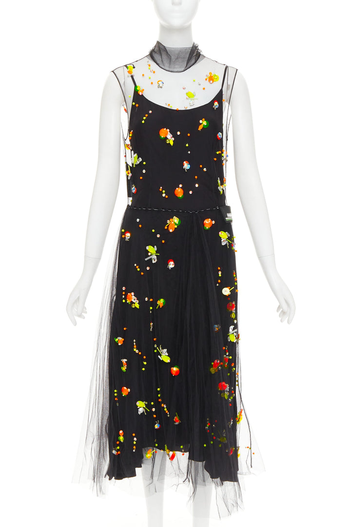 rare PRADA 2018 Runway Abito neon orange black tulle sporty logo dress IT42 M
