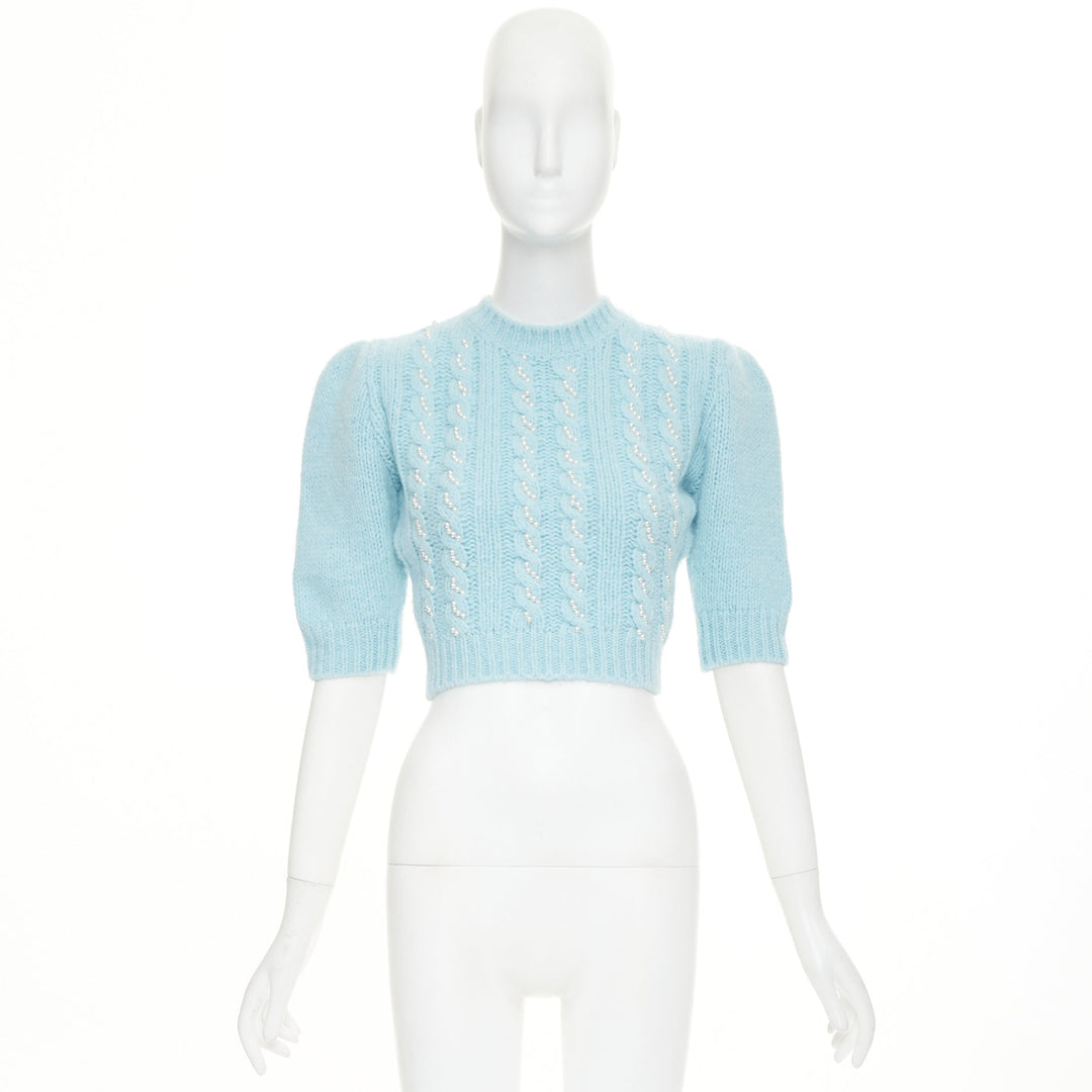 ALESSANDRA RICH pastel blue alpaca pearl embellished cable sweater IT36 XXS