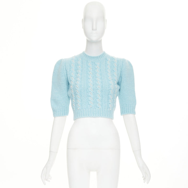 ALESSANDRA RICH pastel blue alpaca pearl embellished cable sweater IT36 XXS