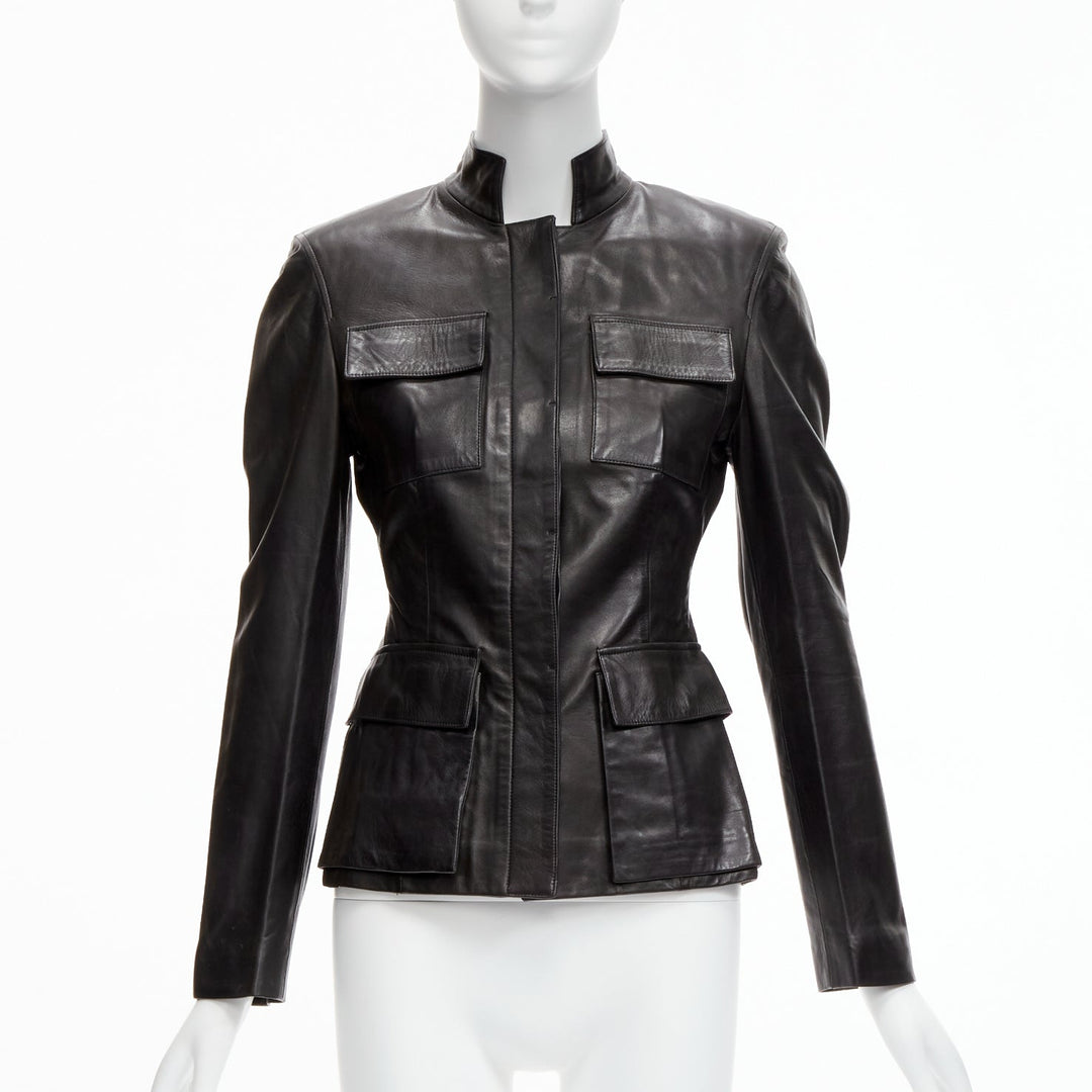 GUCCI Tom Ford Vintage black soft leather utility flap pockets jacket IT38 XS