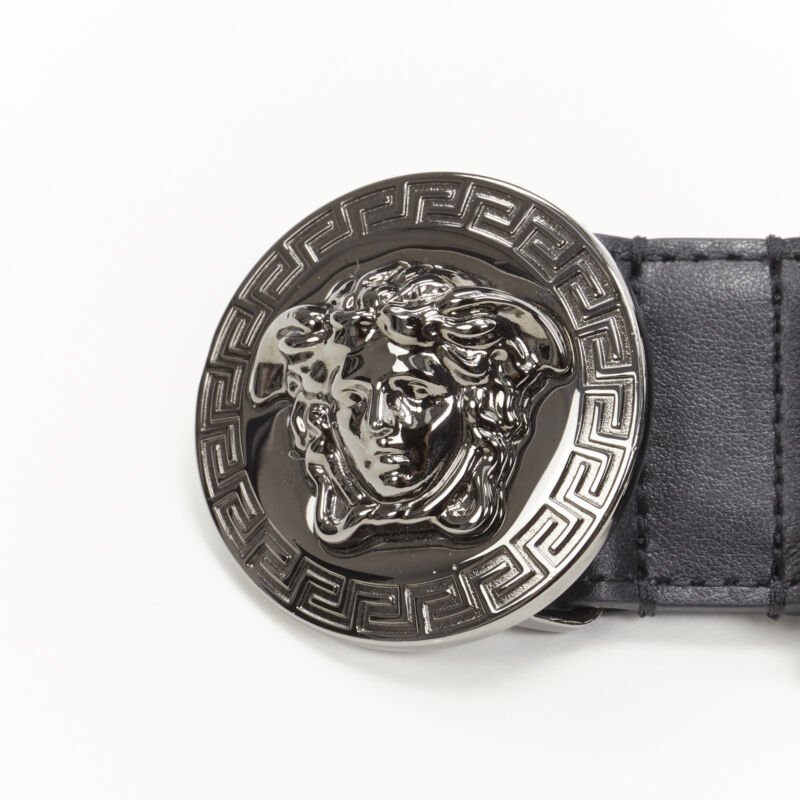 VERSACE Biggie Medusa Medallion Coin silver black leather belt 105cm 40-44"