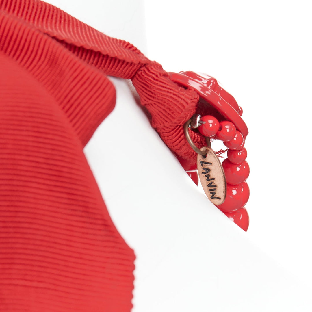 LANVIN H&M red metal chandelier ribbon tie back statement necklace