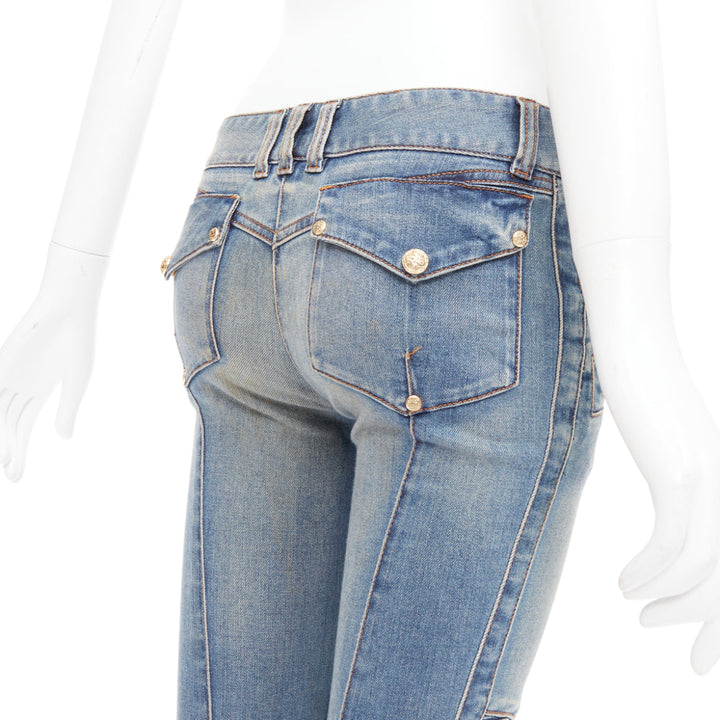 BALMAIN blue faded washed ribbed denim moto biker jeans FR36 S
