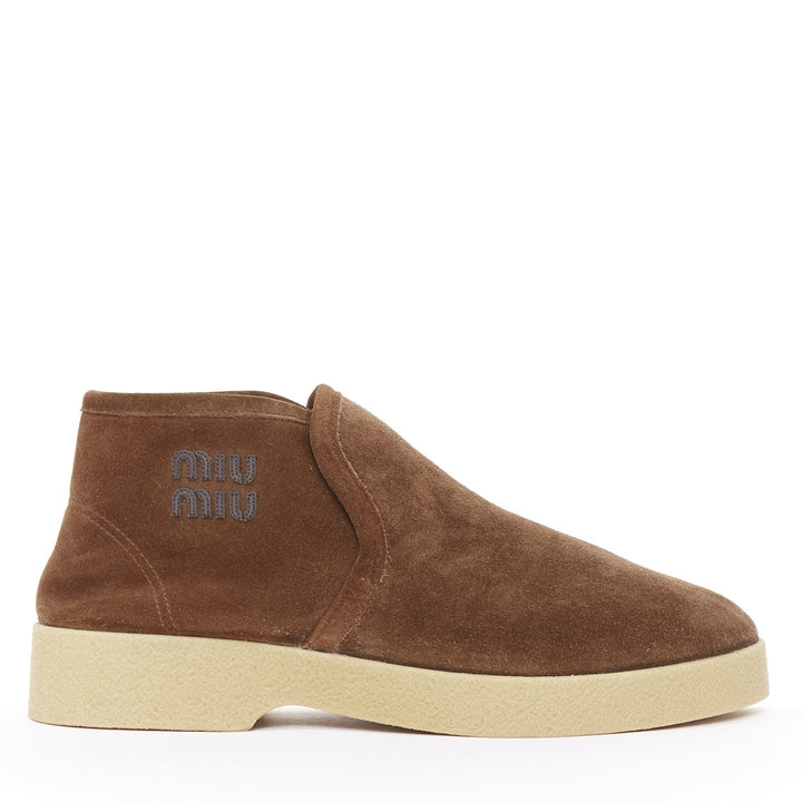 MIU MIU 2023 logo shearling lined brown suede comfort chukka ankle boots EU39