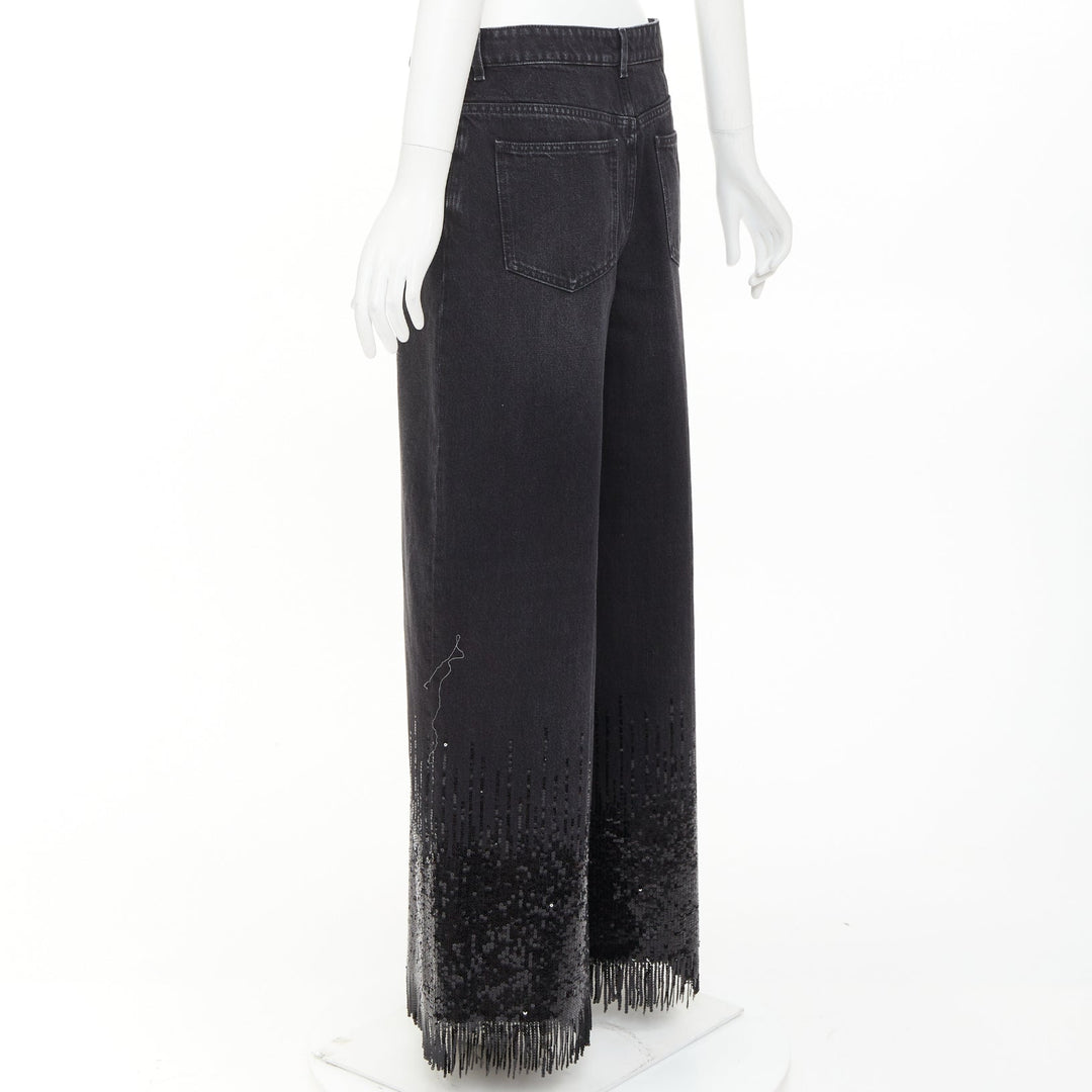 CHANEL 2025 Runway black washed denim sequin fringe wide leg jeans FR40 L
