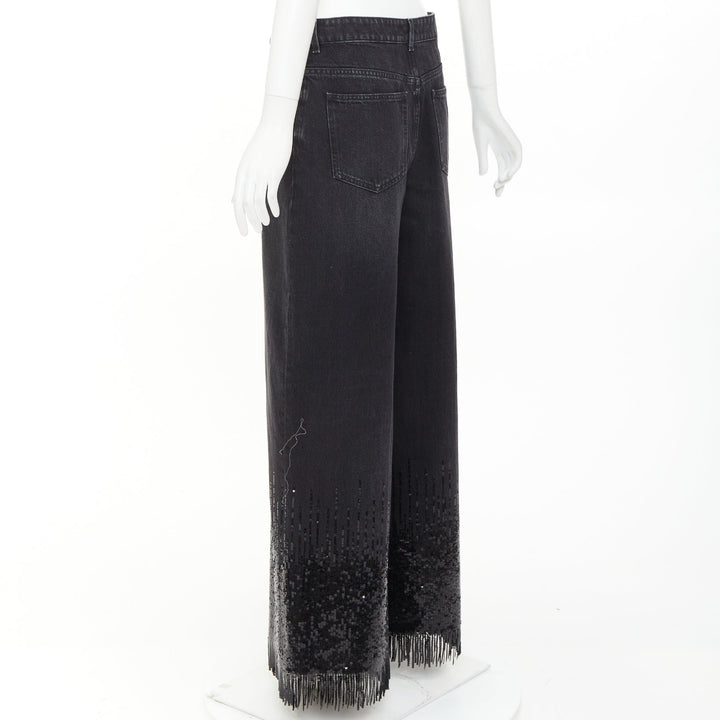 CHANEL 2025 Runway black washed denim sequin fringe wide leg jeans FR40 L