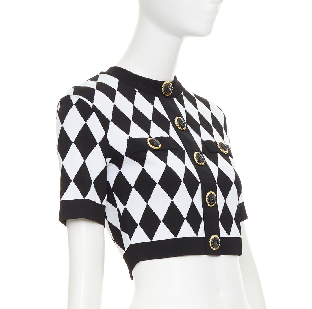 BALMAIN 2022 Harlequin black white diamond check gold lion buttons crop top FR36