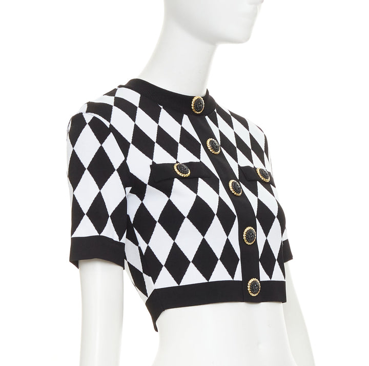 BALMAIN 2022 Harlequin black white diamond check gold lion buttons crop top FR36