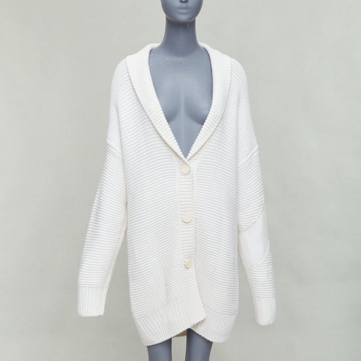 HERMES 100% cashmere off white leather logo buttons oversized cardigan FR34 XS