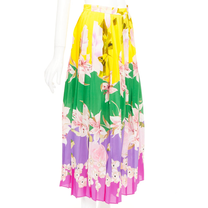 VALENTINO Flying Flowers silk colorblock pleated floral print midi skirt IT38 XS