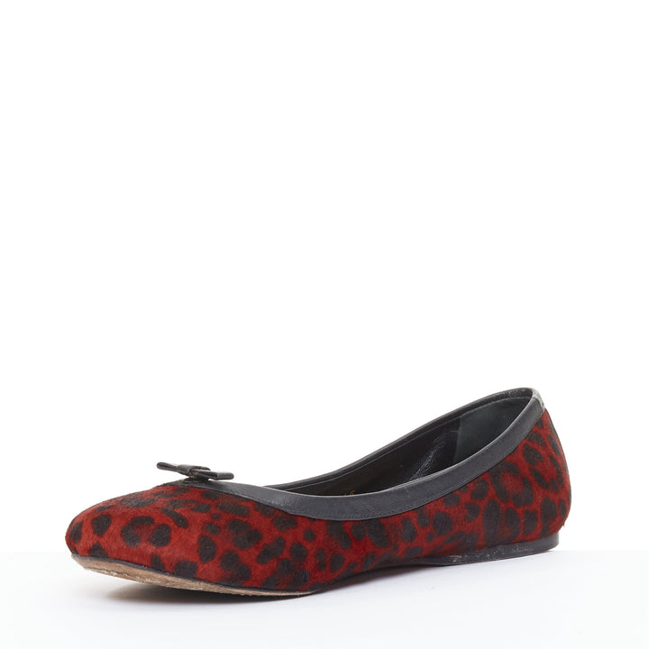 ALAIA red calf hair leopard print black leather trim ballet flats EU37.5