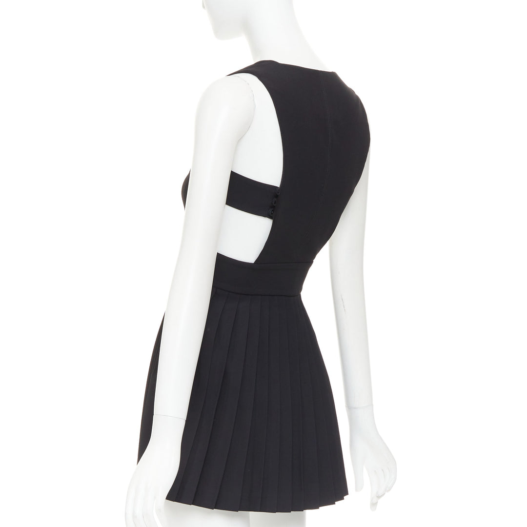 FAUSTO PUGLISI black crepe multi pleated cut out V neck mini dress IT38 XS